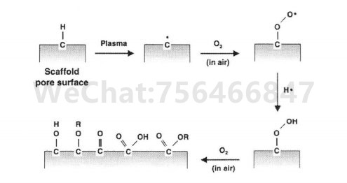 氧等离子体在与材料表面接触时羟基化、羧基化的示意图